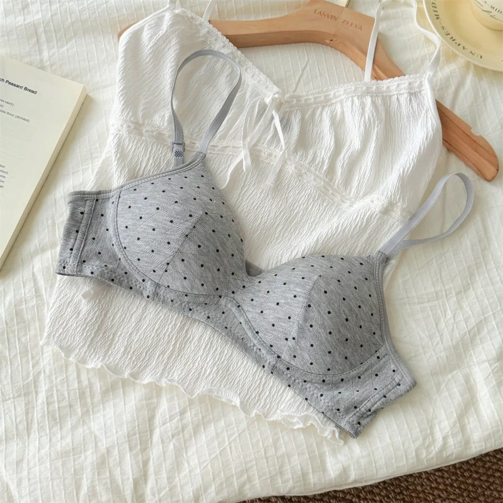 Vintage Polka Dot Wireless Bra Thin Breathable Push Up Anti Sagging Small Bust Brassiere Soft Comfort Everyday Underwear 32-38