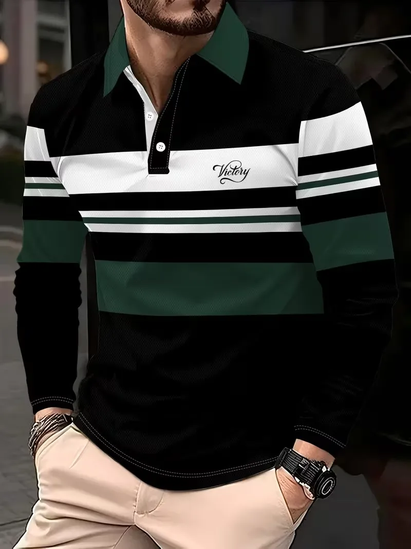 Spring Autumn Polo Horizontal Striped Graphic Men's Long-Sleeved Shirt Polo Sports Outdoor Golf Polo Shirt Casual Men's Clothing