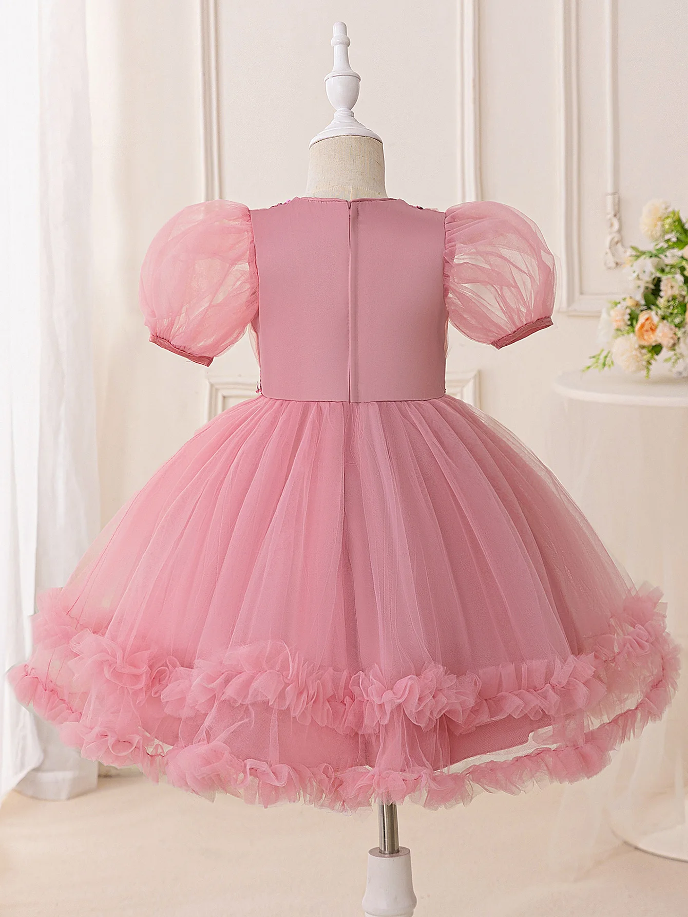 Elegant Sequin Party Girls Dress Tulle Butterfly Wedding Bridesmaids Princess Prom Dress Girl Puff Sleeve Birthday Evening Gown