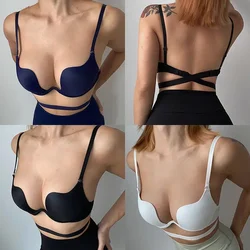 Summer Backless Bras Women Invisible Deep U Lingerie Sexy Crossband Underwear Low Cut Push Up Open back Bra Intimates Female Bra