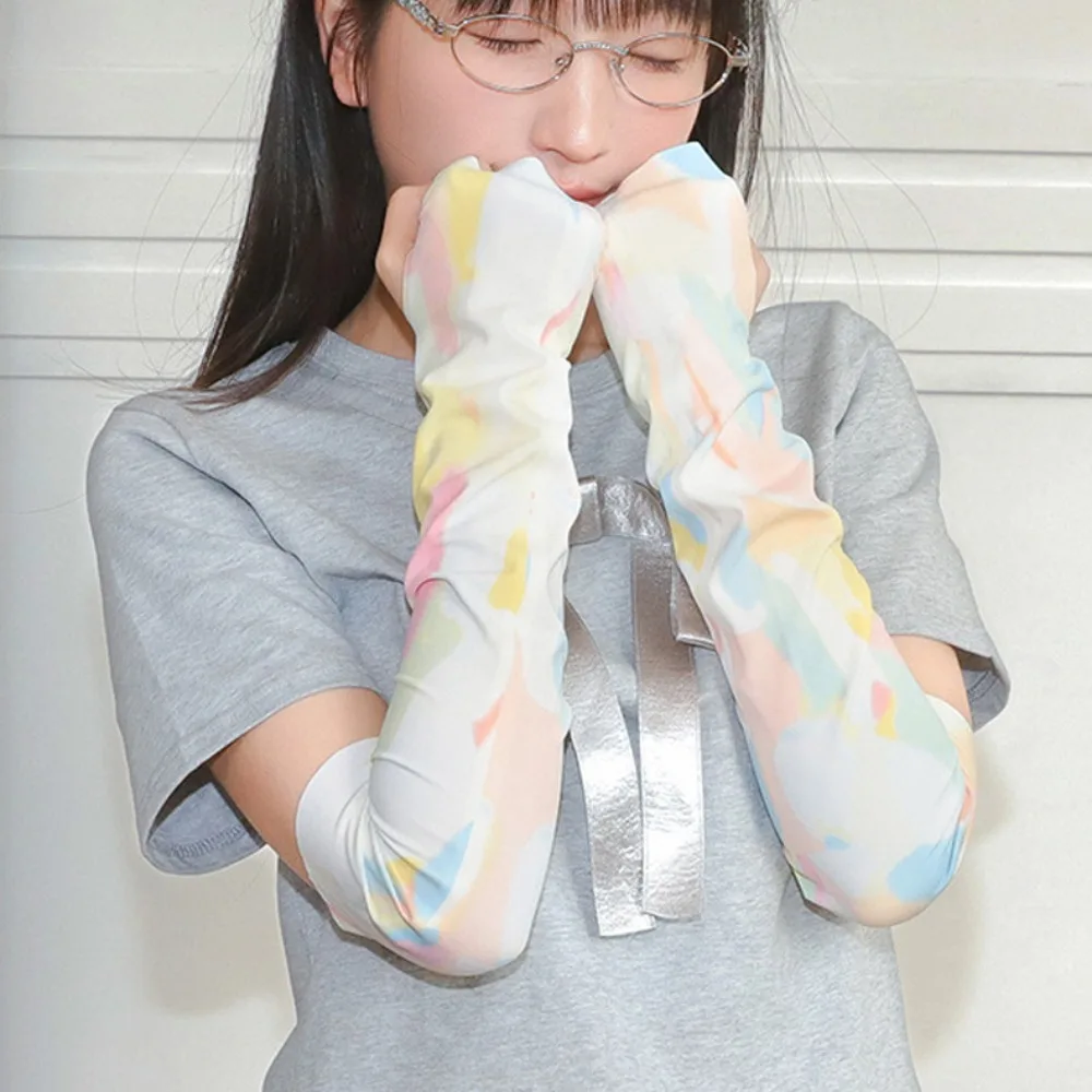 Mangas de seda de hielo coloridas para niña, mangas de protección solar holgadas Anti-UV, manga de brazo de ciclismo sin costuras a la moda para verano