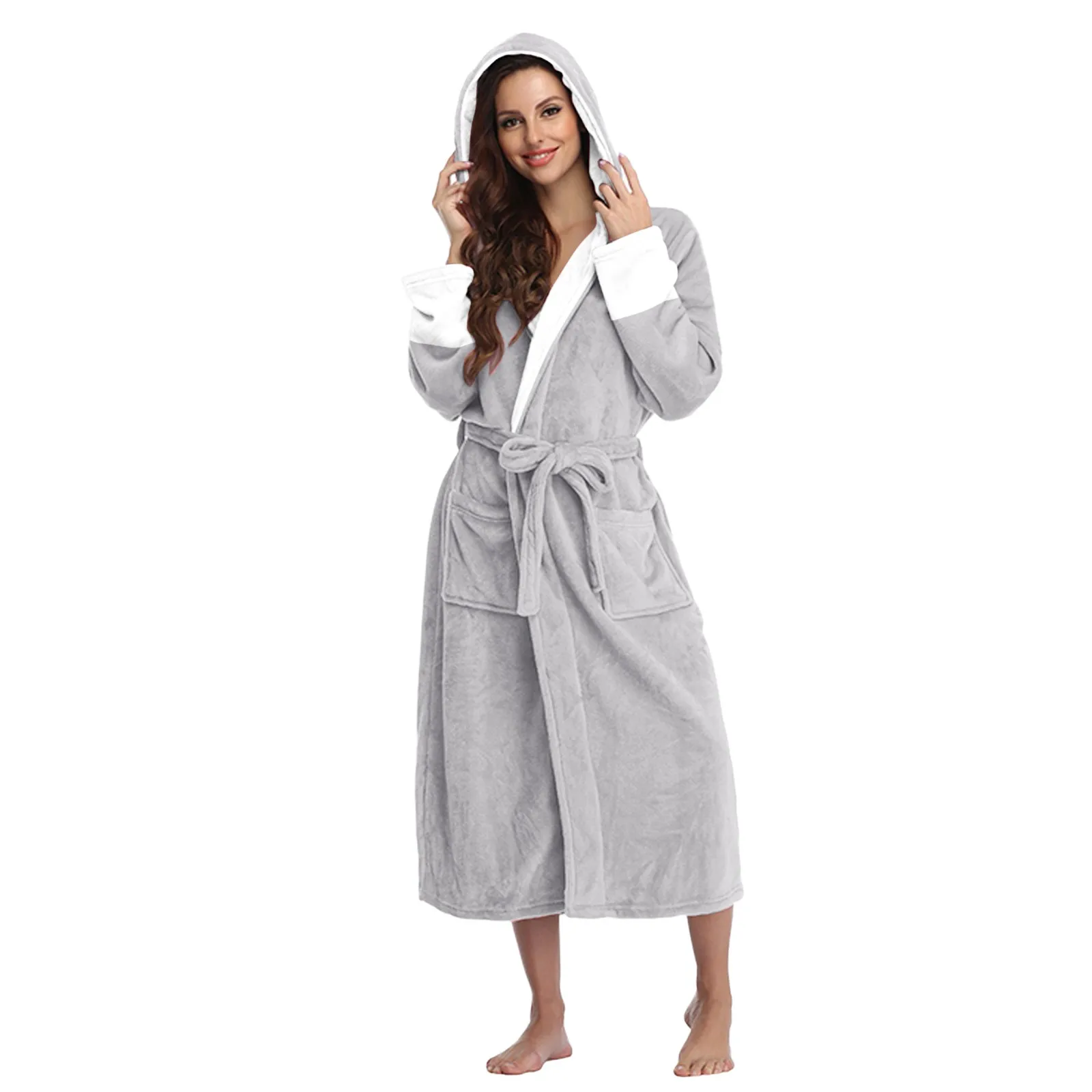 Women\'s Fleece Bathrobe Ladies Dressing Gown Long Hooded Sleepwear Soft Fluffy Pajamas Loose Relaxed Home Robe Wearing Nightwear