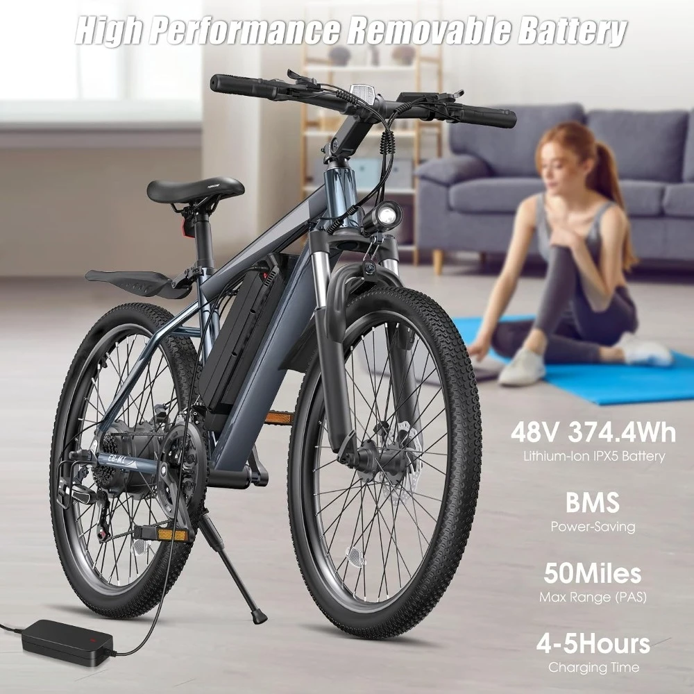 1000W Peak Electric Mountain Bike 26" 48V Removable Battery 50 Miles 20MPH 7 Speed Front Suspension Fenders UL Certified, Custom