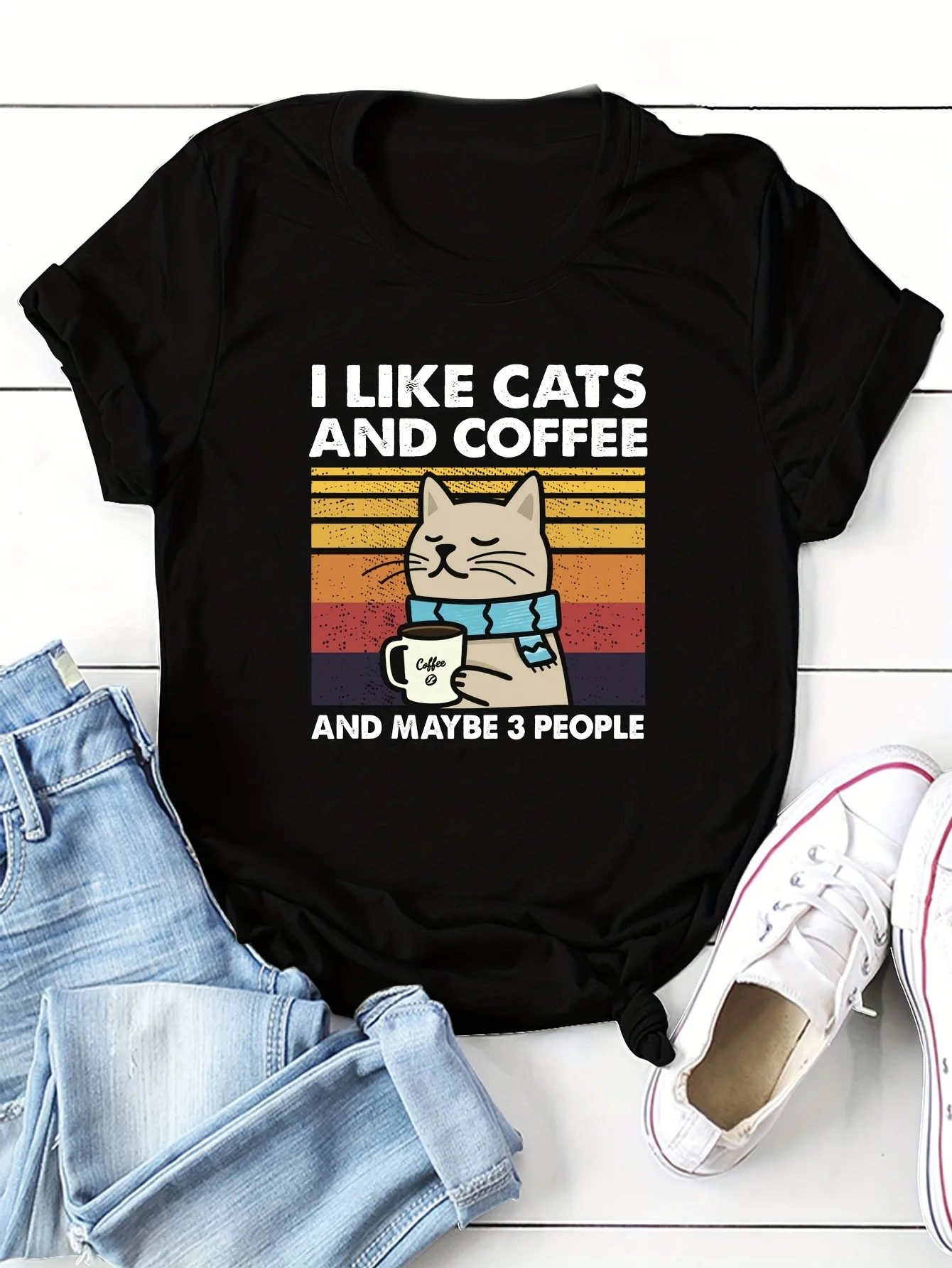 Camiseta con estampado de gato y café, camiseta informal de manga corta con cuello redondo, ropa de mujer