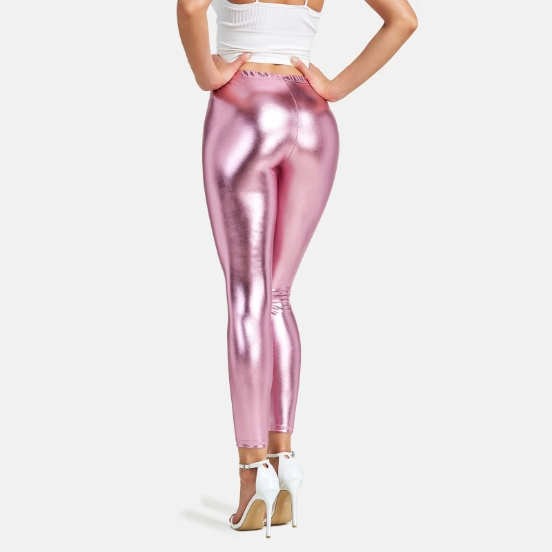 Sexy High Waist Elastic Bronzing Reflective Leggings For Women Solid Color Dance Stage Performance Street Style Party Tights