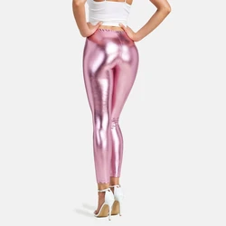 Leggings riflettenti abbronzanti elastici a vita alta Sexy per le donne collant da festa in stile Street Performance in tinta unita