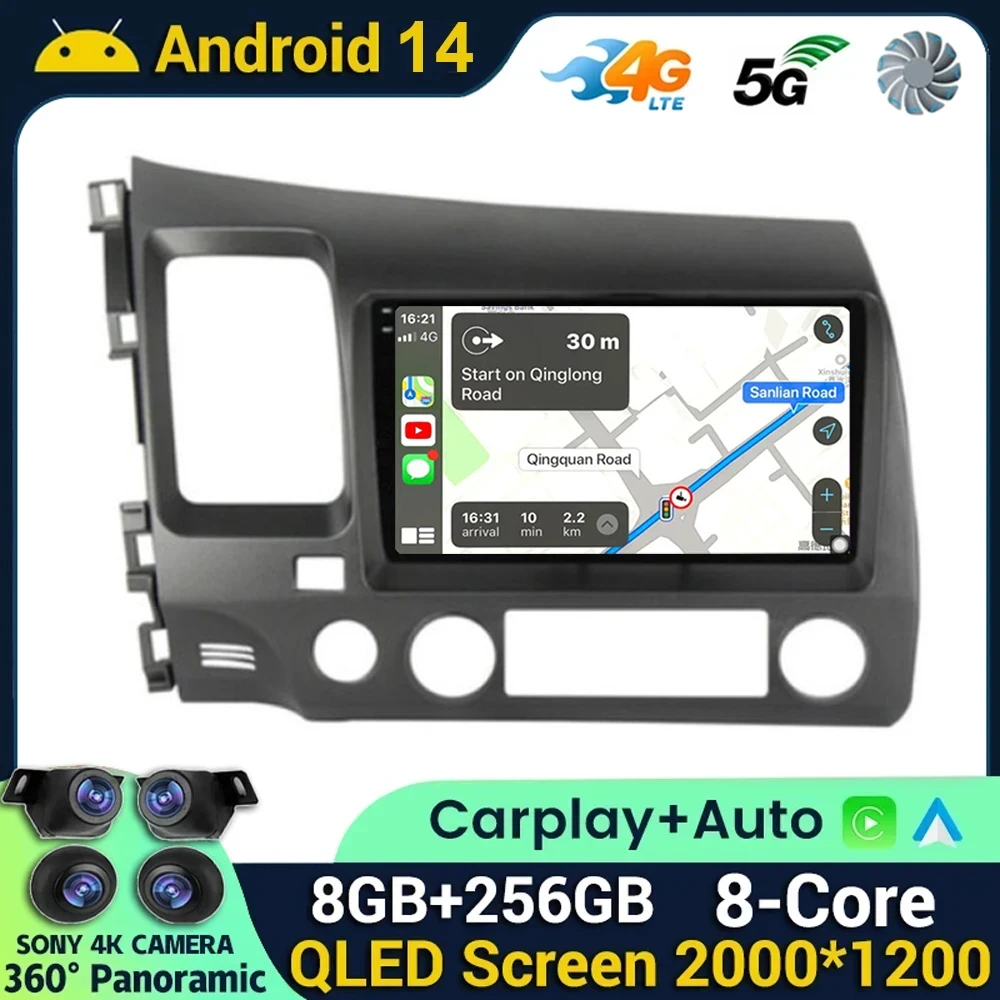 

9" Android 14 Wireless Carplay Auto Car Stereo Radio for Honda Civic 8 2005 - 2012 Multimedia Player Navigation GPS 4G Audio