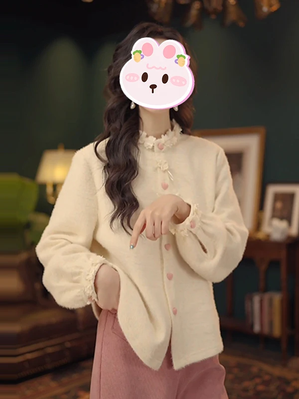 

Korean Style Fleece Lined Loose Knitted Open Cardigan Women's Fashion Splicing Design Winter Warm Thickened Long Sleeve Top