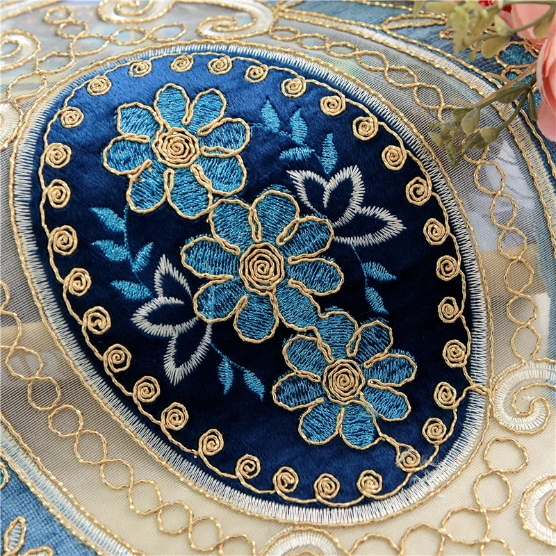 European luxury high quality 3 small flower embroidered floor curtains for living room classic  blue curtains for bedroom hotel