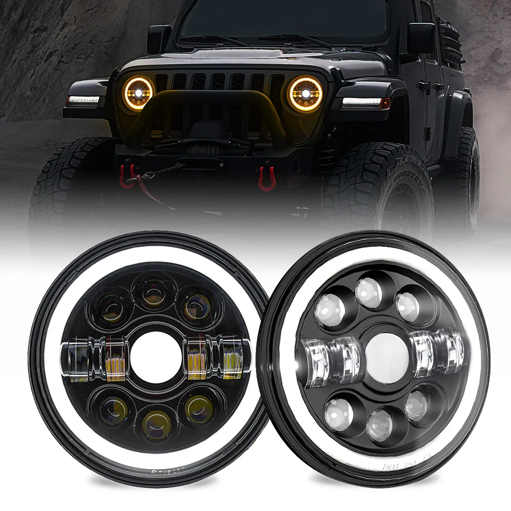 NAOEVO 7 Inch LED Headlight H4 With Halo Angel Eyes For Lada 4x4 urban Niva Jeep JK 12V Running Round HeadLight Turn Signal