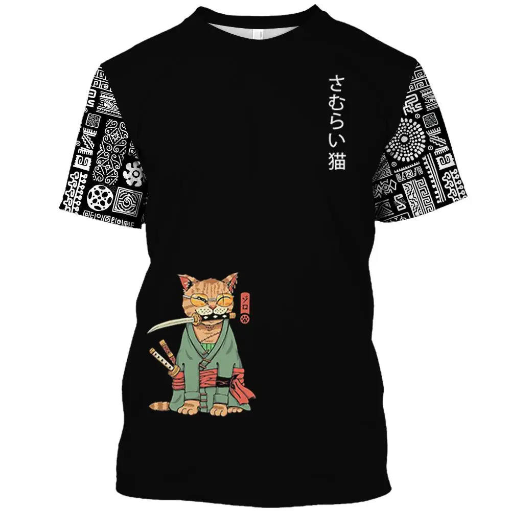 Cartoon Anime Samurai Cat Printed T Shirt For Men Outdoor Hip Hop Harajuku Vintage Clothes Casual O-neck Loose Short Sleeve Tees