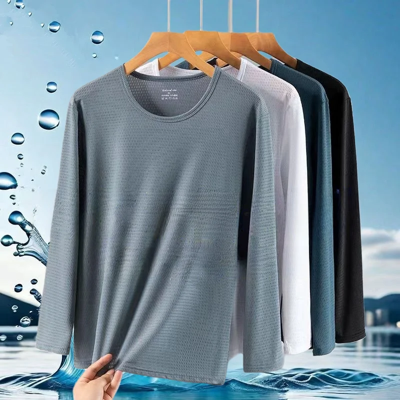 Ice Silk Thin Long Sleeve T-Shirt for Men Quick Dry Breathable Sun Protection Outdoor Base Shirt Construction Site Summer Wear