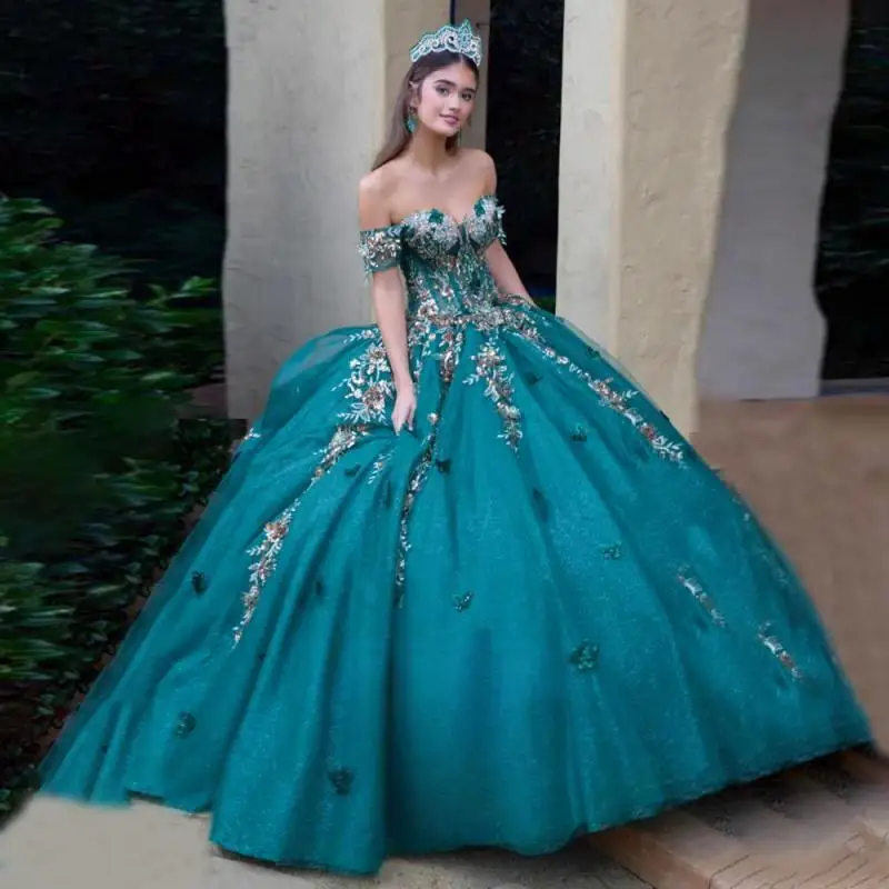 

Customized Blackish Green Fancy Appliques Ball Gowns Quinceanera Dresses for Girls Off the Shoulder Lace up Vestidos De Quincean