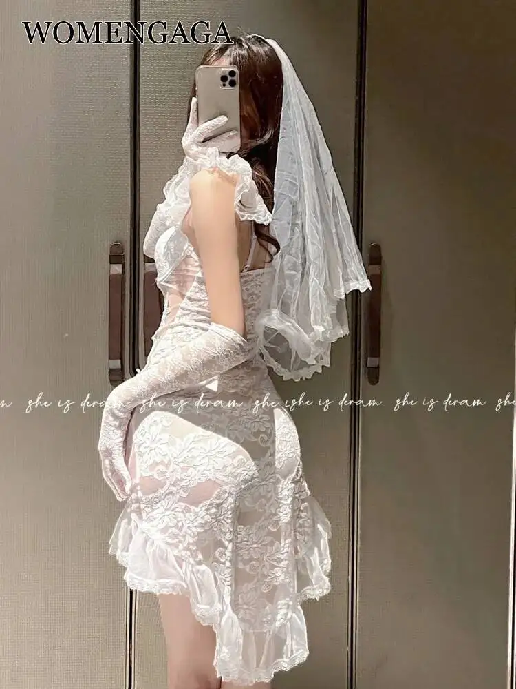 Exotic Cosplay Bride Thin Lace Mesh Transparent Wedding Dress Hot Sexy Mini Dresses Set Fashion Uniform Tops IX52