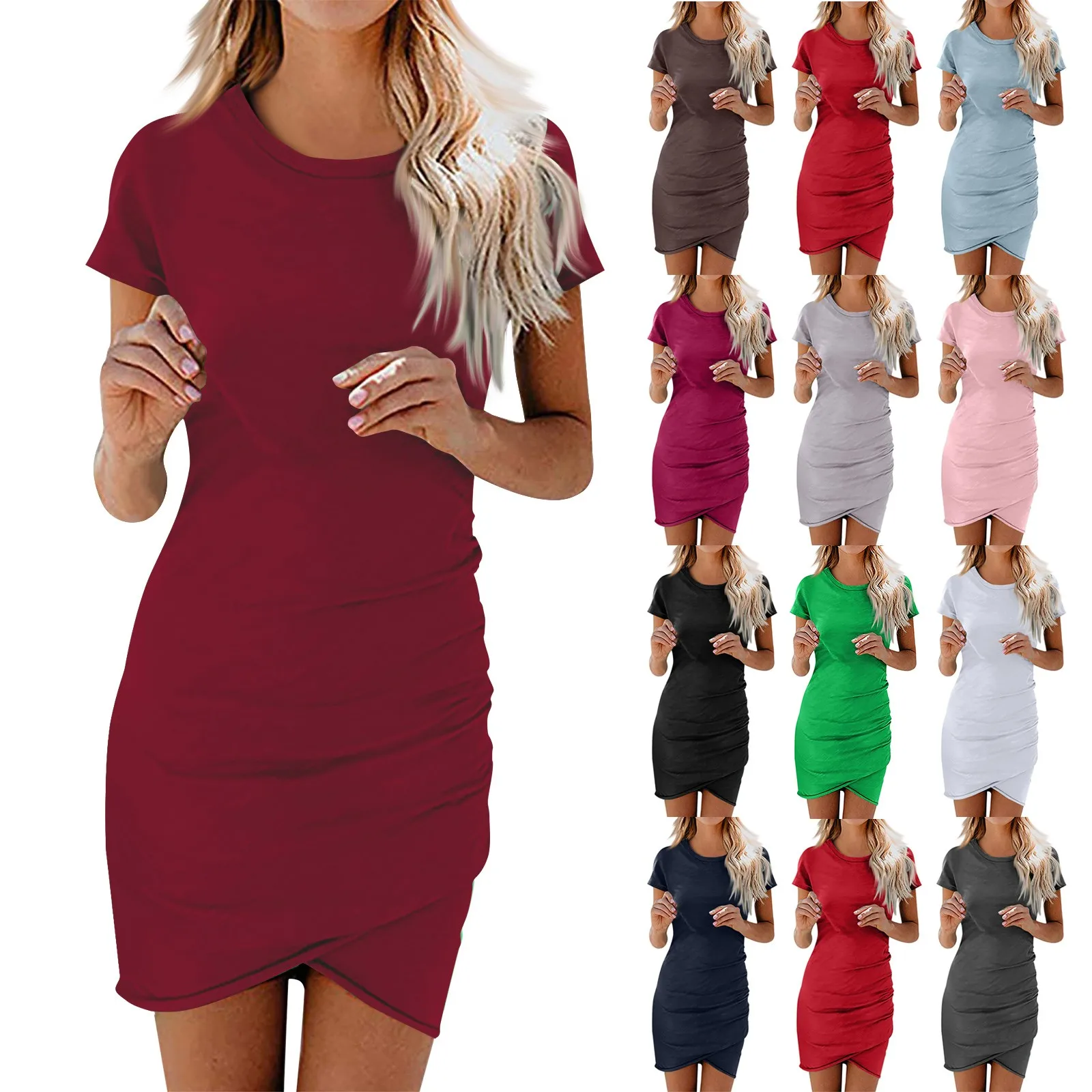 Ladies’ Summer Solid Color Classic Sexy Slim Fit Dress Daily Date Fashion Round Neck Short Sleeve Wrap Party Pleated Mini Skirt