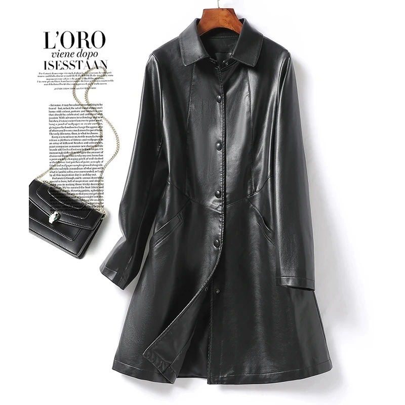 Julypalette-Trench Coat de couro real para mulheres, casaco feminino, casaco de pele de carneiro, manga comprida, botão coberto, preto, L to 5XL