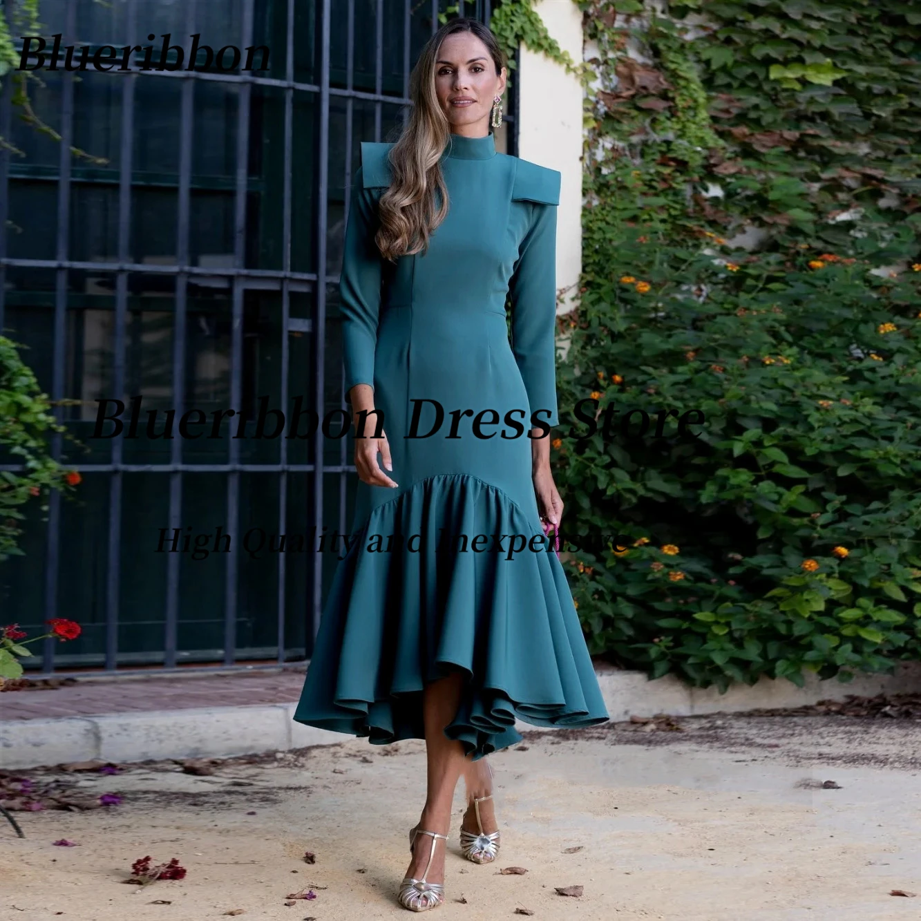 

Blueribbon High Collar Prom Dresses Long Sleeves Birthday Party Dress Ruched High Low Special Banquet Evening Gowns Customized