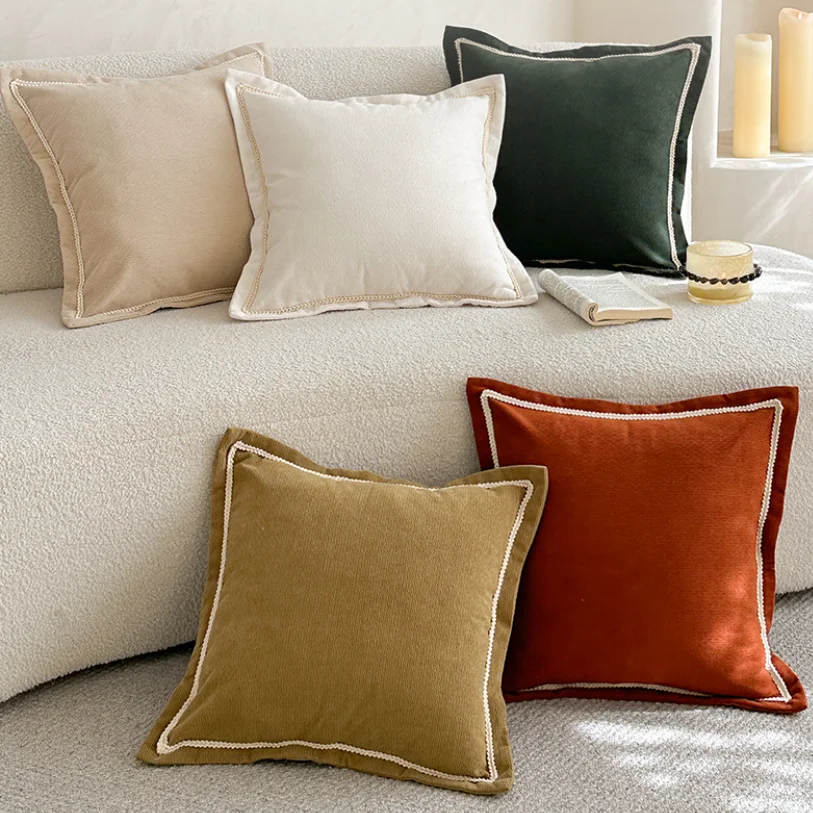 Cozy Solid Pillow Cover Ribbed Linen With Border Embroidered Edged 45x45cm Khaki Cream Dark Green Reddish Brown Home Decoctive