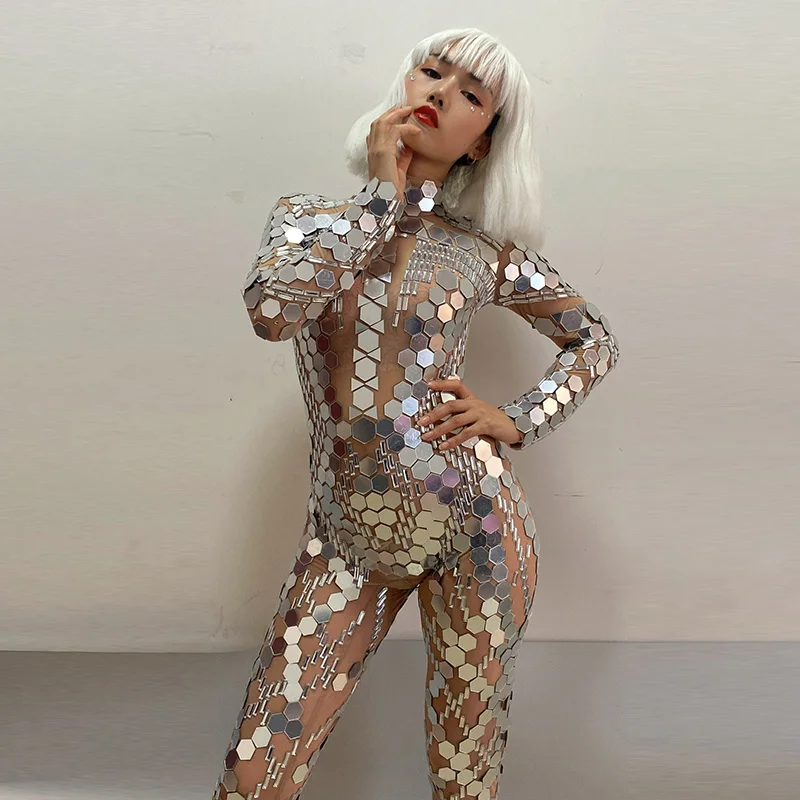 بدلة للجسم بمرآة بأكمام طويلة للنساء للنوادي الليلية ملابس الرقص نموذج فتاة الإستعراض ملابس المسرح ملابس عرض الحفلات Gogo yj802