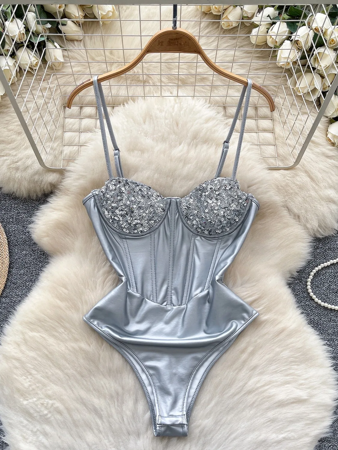 Sexy Sequin Patchwork Camisole Jumpsuit For Women, Pure Desire, Fishbone Slimming, Slimming And Strapless