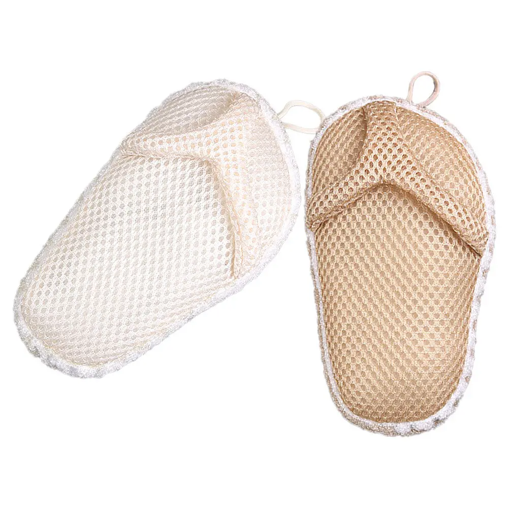 

Набор из 2 отшелушивающих мочалок для тела в форме тапочек с отверстиями для пальцев, быстросохнущие, с веревкой для подвешивания, для душа и ванны, для мытья всего тела