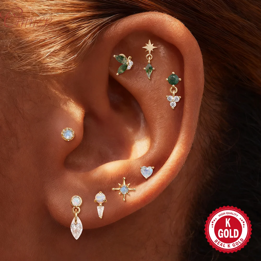 

CANNER 14K Solid Gold Geometric Moss Agate Piercing Flat Back Earrings For Women Heart/Star MoonStone Dainty Luxury Party Gifts