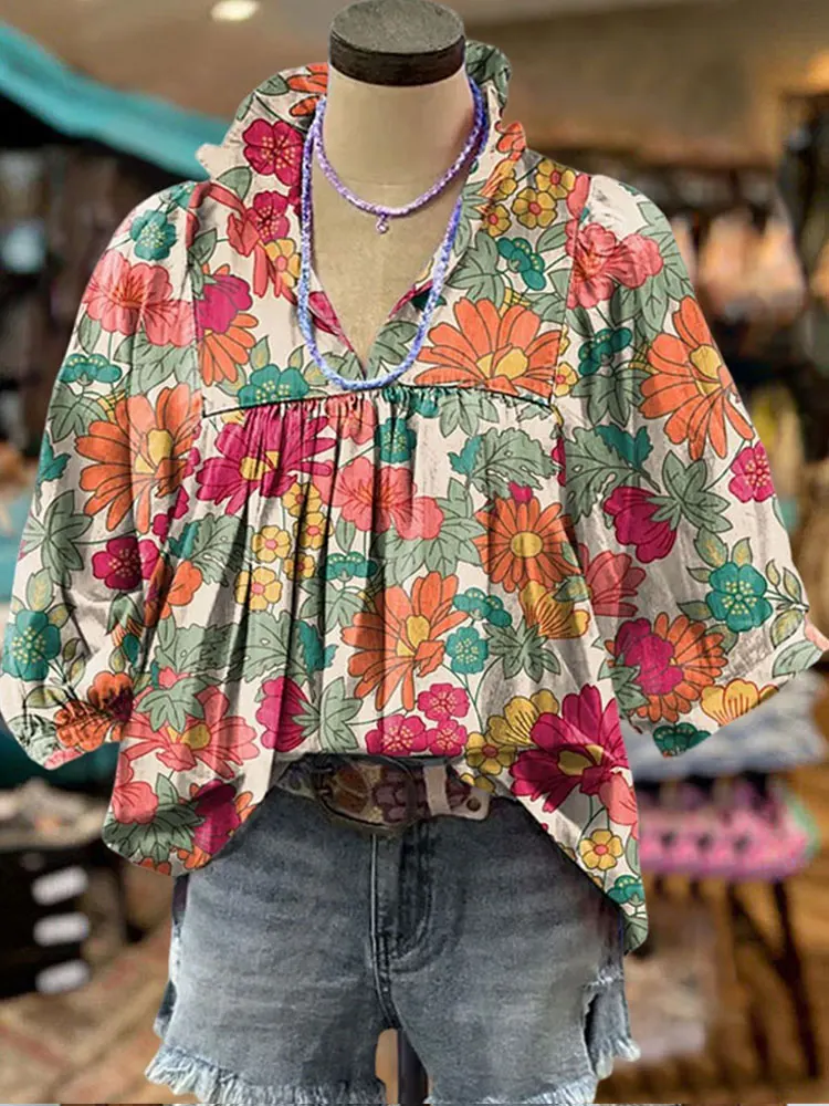 Flower Print Ruffle V-neck Bubble Sleeve Shirts Multicolor Floral Print Short Sleeve Blouse