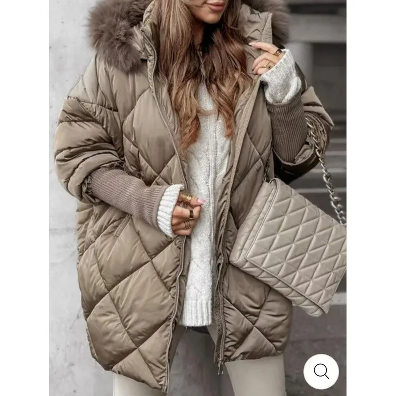 

Temperament Commuter Hooded Parka Quilted Coat 2025 New Winter Warm Cardigan Jacket Patchwork Knit Sleeves Cotton-padded Jacket