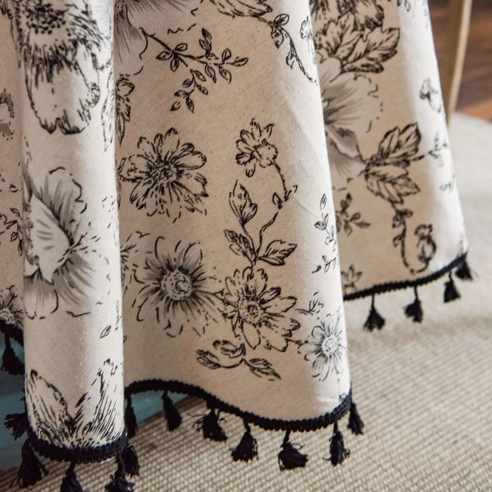 مفرش طاولة من القطن والكتان مفرش طاولة مستدير مزين بالزهور مع شرابات قابل للغسل للمطاعم والنزهات وغطاء الطاولة الداخلي لتزيين المنزل #5