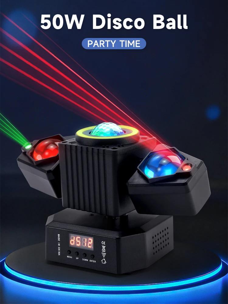 

Areyourshop Moving Head Stage Light with Rotating Disco Ball, Laser Beam, and Strobe Effects | Remote & DMX Control