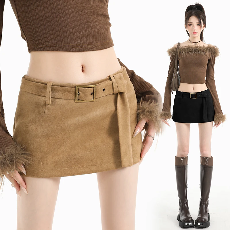 2026 Autumn Winter Women Sweet Hot Girl Faux Suede Skort Mid Low Waist Belt Tie Slim Wrap Mini Skort