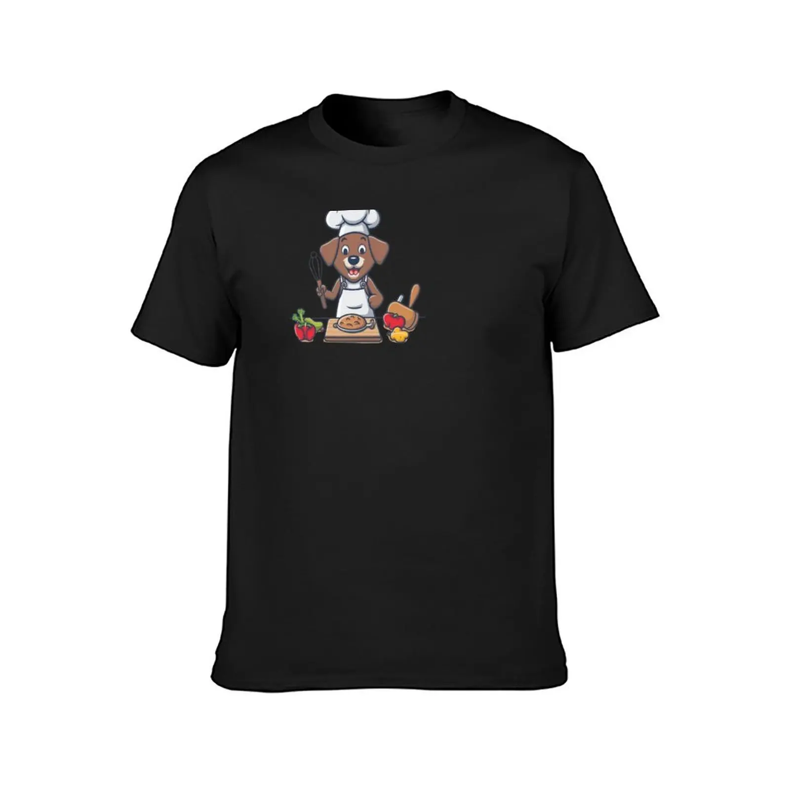 Culinary Canine: Cartoon Dog Chef Prepares Delicious Meal T-Shirt summer tops vintage Blouse Men's cotton t-shirt