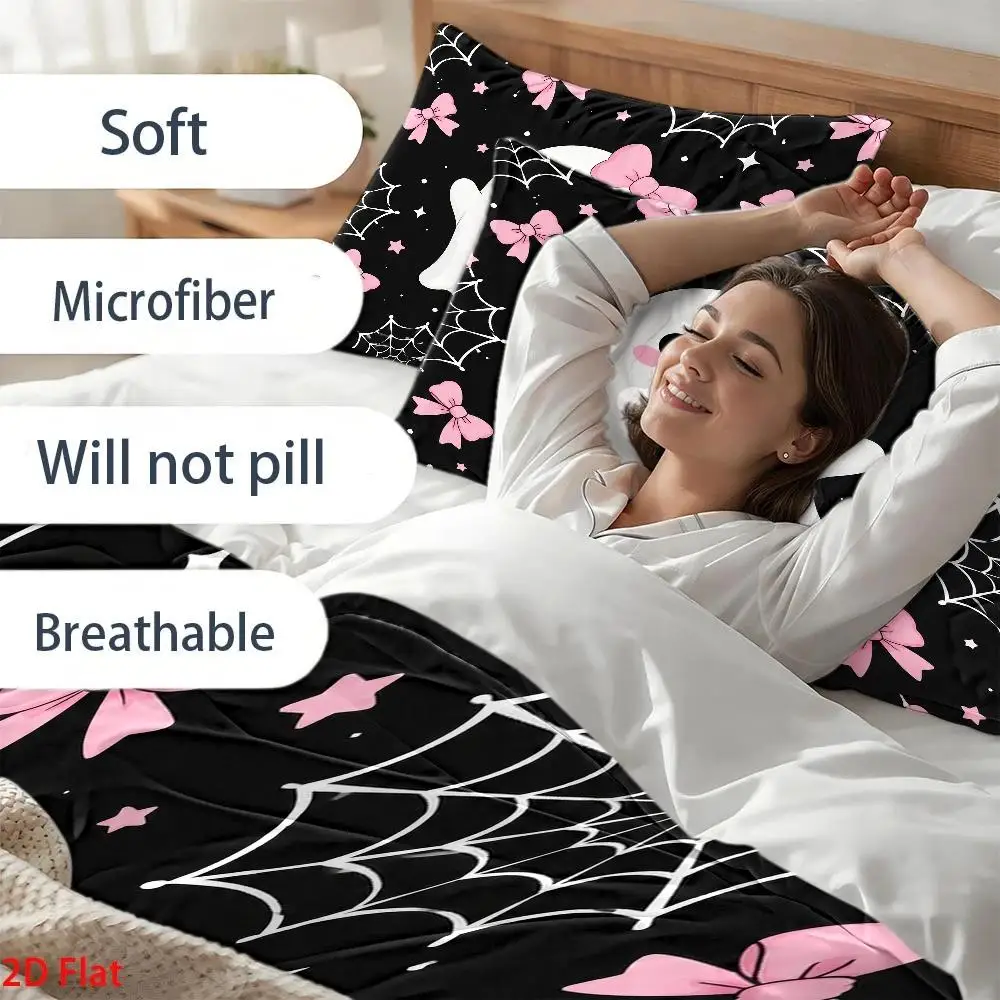 Cute Ghost-Themed Pink Bowknot Three-Piece Bedding Set (1*Duvet Cover + 2*Pillowcases), Pink Halloween Comforter Sets, Quilt Cover Bedding Set, Breathable Polyester, Invisible Zipper, Machine Washable
