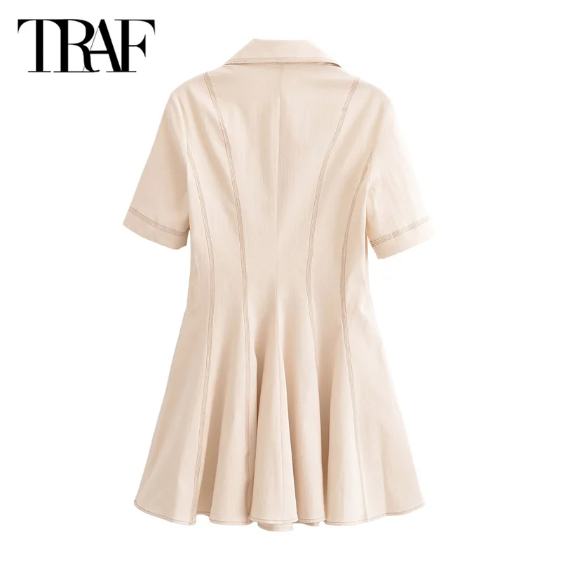 TRAF Striped Short Dresses 2024 Women Summer Autumn Elegant Pleated Mini Dresses Ladies Fashion Casual Short Sleeve Beige Dress