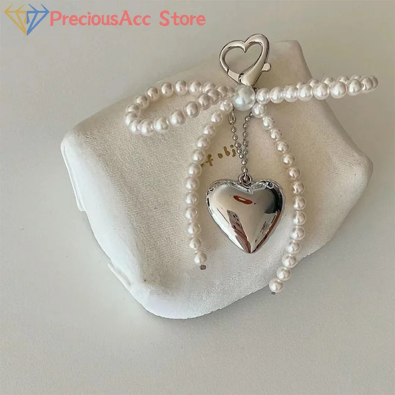 Delicate Beaded Key Chain Handmade Pearl Bow Shaped Pendant Keyring Heart Keychain Ornament Pearl Decoration For Bags Phones