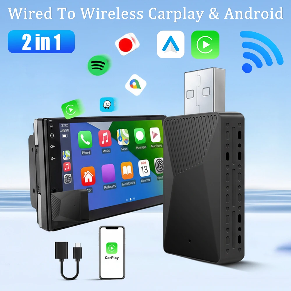 Wired to Wireless 2 in 1 Box CarPlay Android auto Adapter for OEM Car Stereo Plug and Play Smart Link Fast Connect Universal