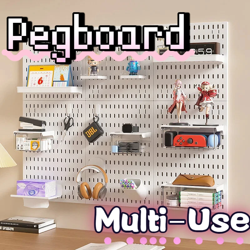 Modular Wall Mounted Pegboard Organizer DIY Storage Board with Hooks Self Adhesive for Bathroom Kitchen Bedroom Office