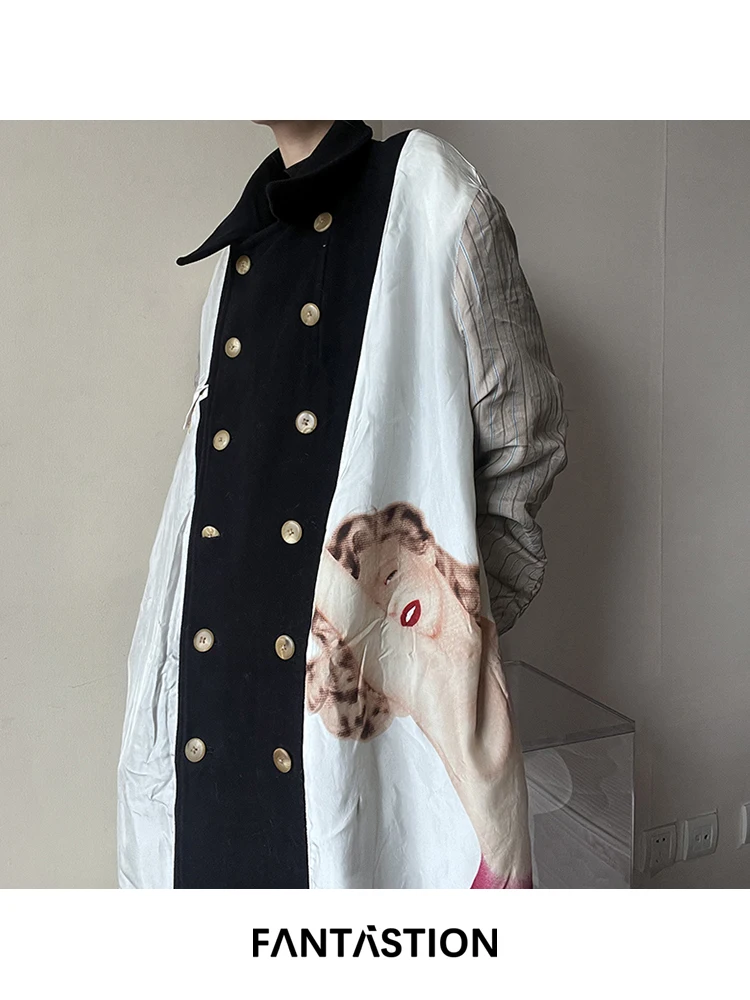 

FANTASTION Original design Mermaid print Can be worn on both sides Woolen overcoat jacket wool blends oversized Casual coat tops