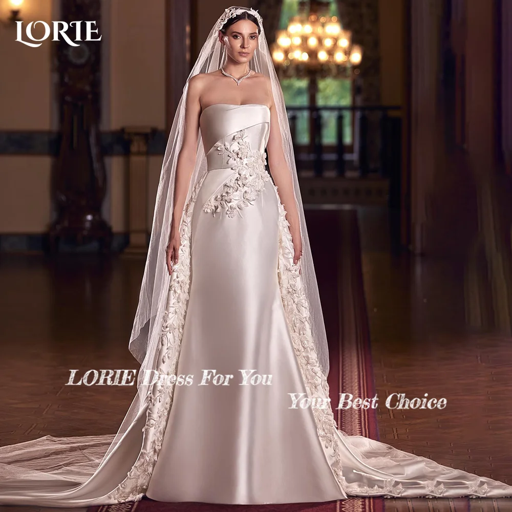 LORIE 3D Fiori Abiti da sposa Appliques Senza spalline Abito da sposa Spiaggia Treno staccabile Abito da sposa Abiti da sposa personalizzati