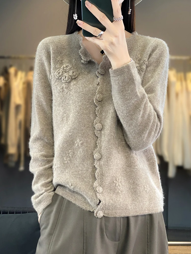 Grace Women Wool Cardigans Lace O-neck Cashmere Sweater Flowers Spring Autumn 100% Merino Wool Knitwear Odzież z długim rękawem Top