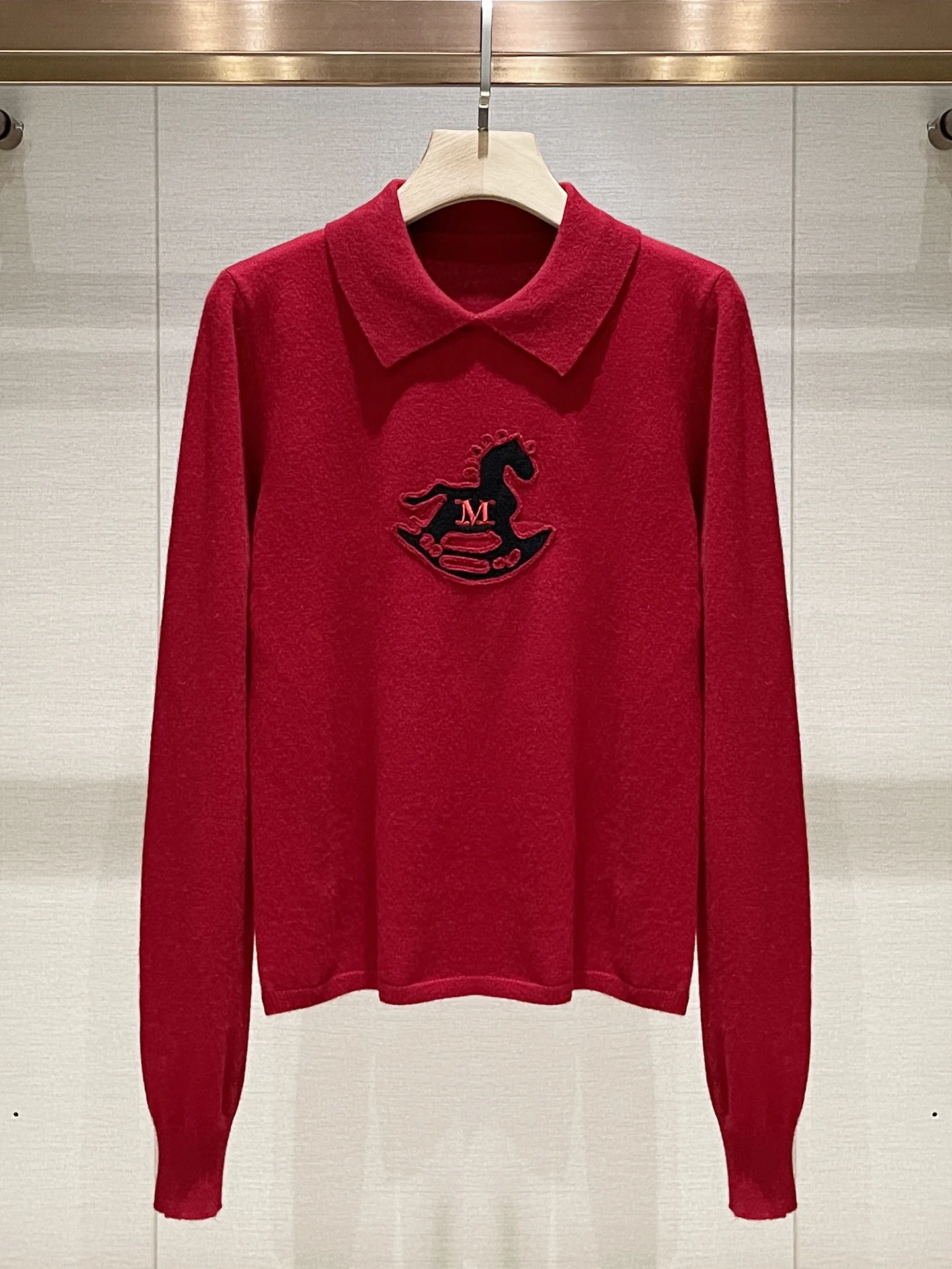 

Red Knitted Long Sve Collar Embroidered Casual Top for Women Spring Summer New Sle Simple Comfortable Ladies irt