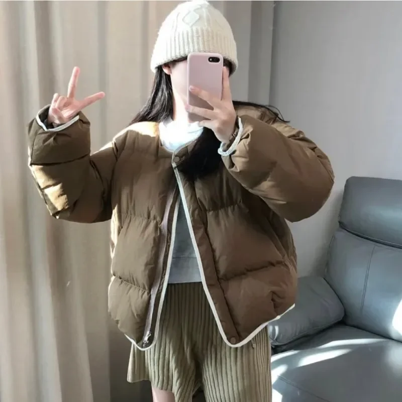 Neploe Koreanische Chic Vielseitige Kontrast Farbe Kanten Kragenlose Brot Baumwolle Mäntel Femme 2025, Winter Lose Dicke Oansatz Parkas