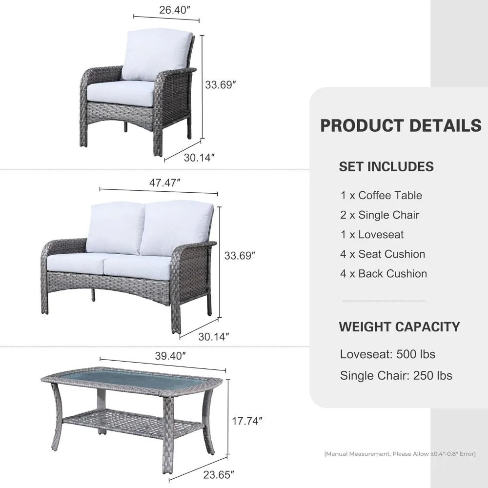 4-Piece Wicker Patio Furniture Set, All-Weather Rattan Conversation Bistro Loveseat Chair and Table Set for Balcony and Deck