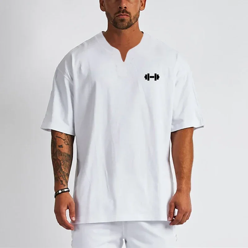 Running T-shirts Mens Oversized V-neck Sport Shirts Loose Breathable Gym Clothing Short Sleeve Fitness Bodybuilding Cotton Tops