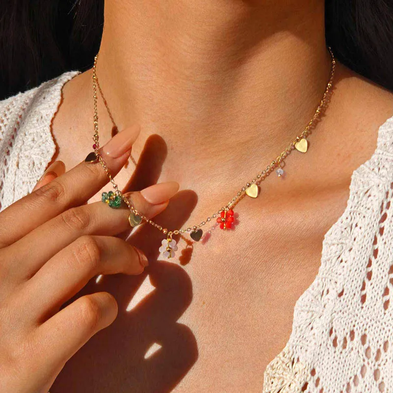 Summer Crystal Flower Pendant Necklace for Women, Stainless Steel Handmade Cute Collar Jewelry Waterproof