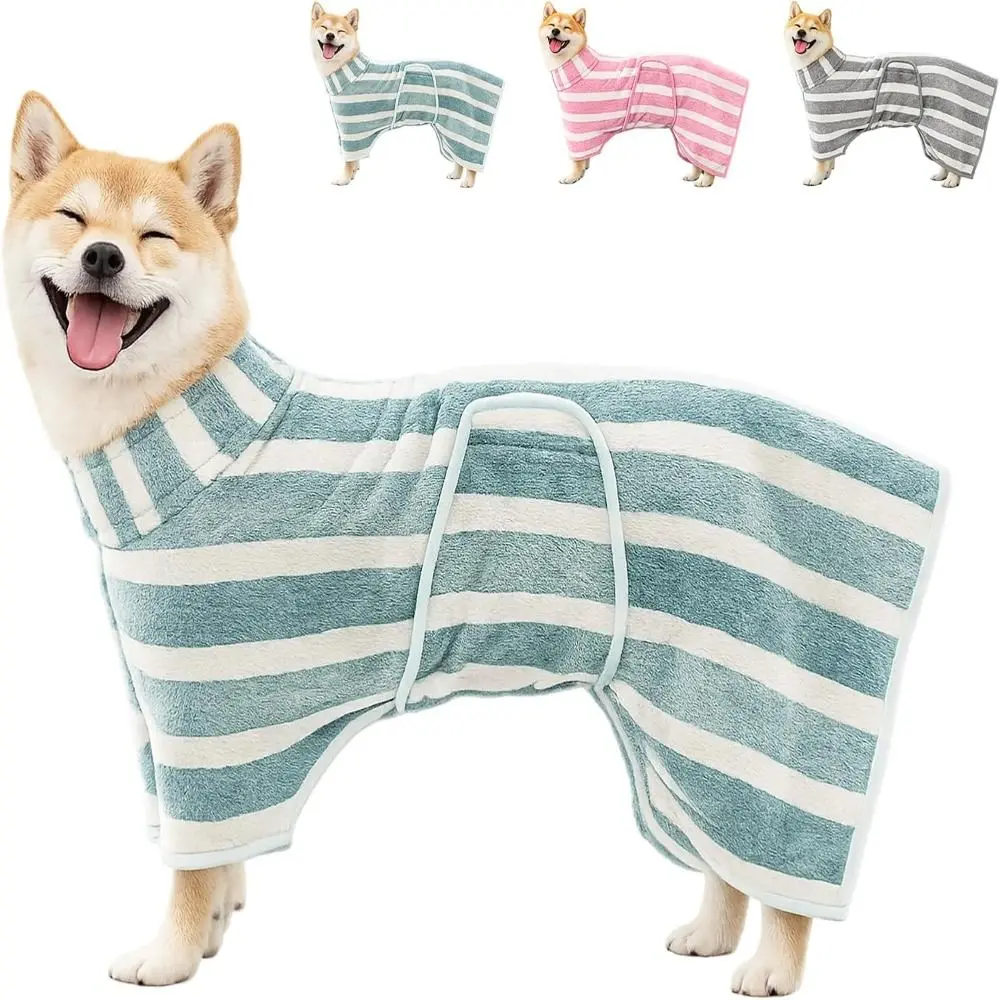 High Quality Water Absorption Dog Bathrobe Microfiber Quick Drying Bath Towels Adjustable Hood Stripe Puppy Robe Travel