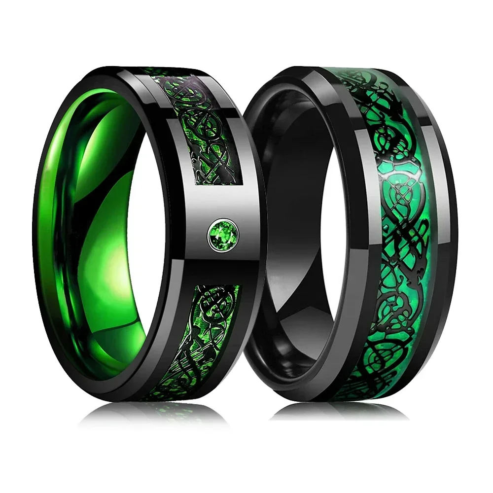 Fashion Men 8mm Black Tungsten Wedding Celtic Dragon Ring Inlaid Green Zircon Punk Men Stainless Steel Green Carbon Fibre Ring