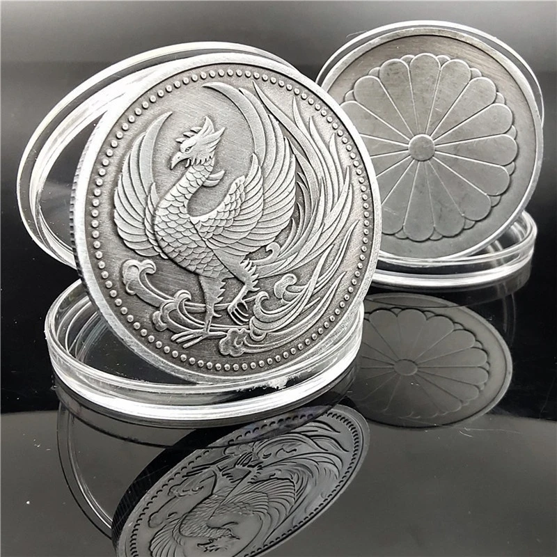 Moneda de recuerdo de medalla japonesa con emblema de crisantemo Imperial de Fénix y plata dorada de 40mm