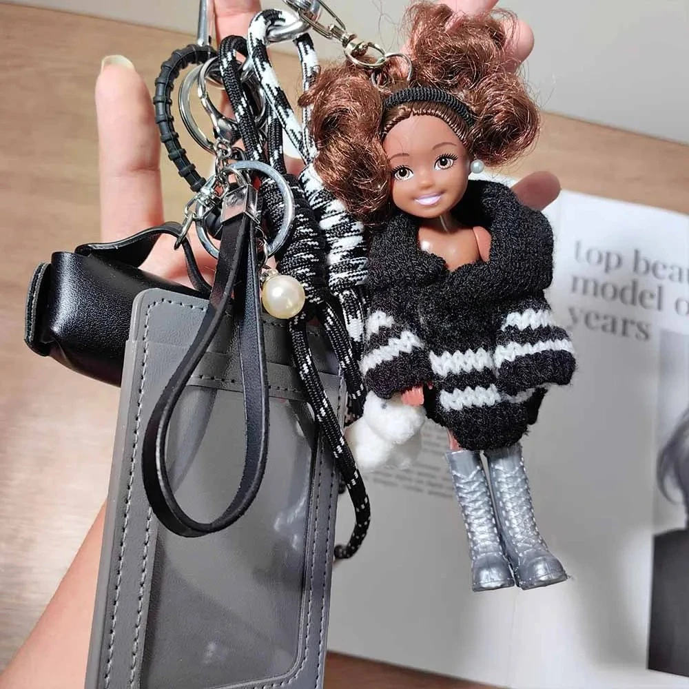Handmade Stitched Black Doll Bag Charm Keychain Y2K Knit Sweater Pearl Earrings Card Holder Braided Lanyard Pendant Gift
