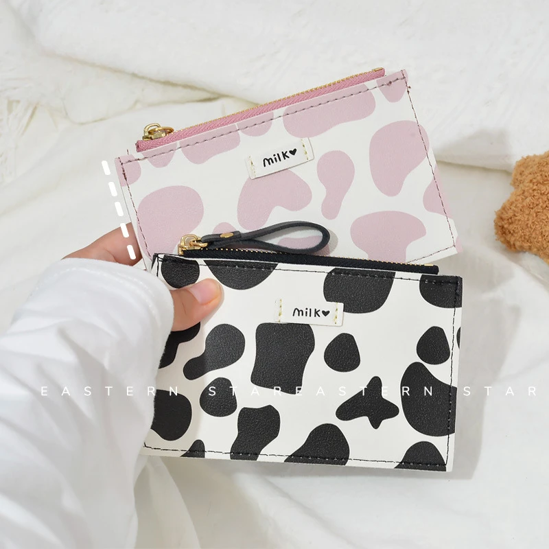 2025 New Women's Wallet Korean Style Cute Cow Ultra-Thin Coin Clip Zipper Checker Multiple Card Slots Large Capacity Card Holder